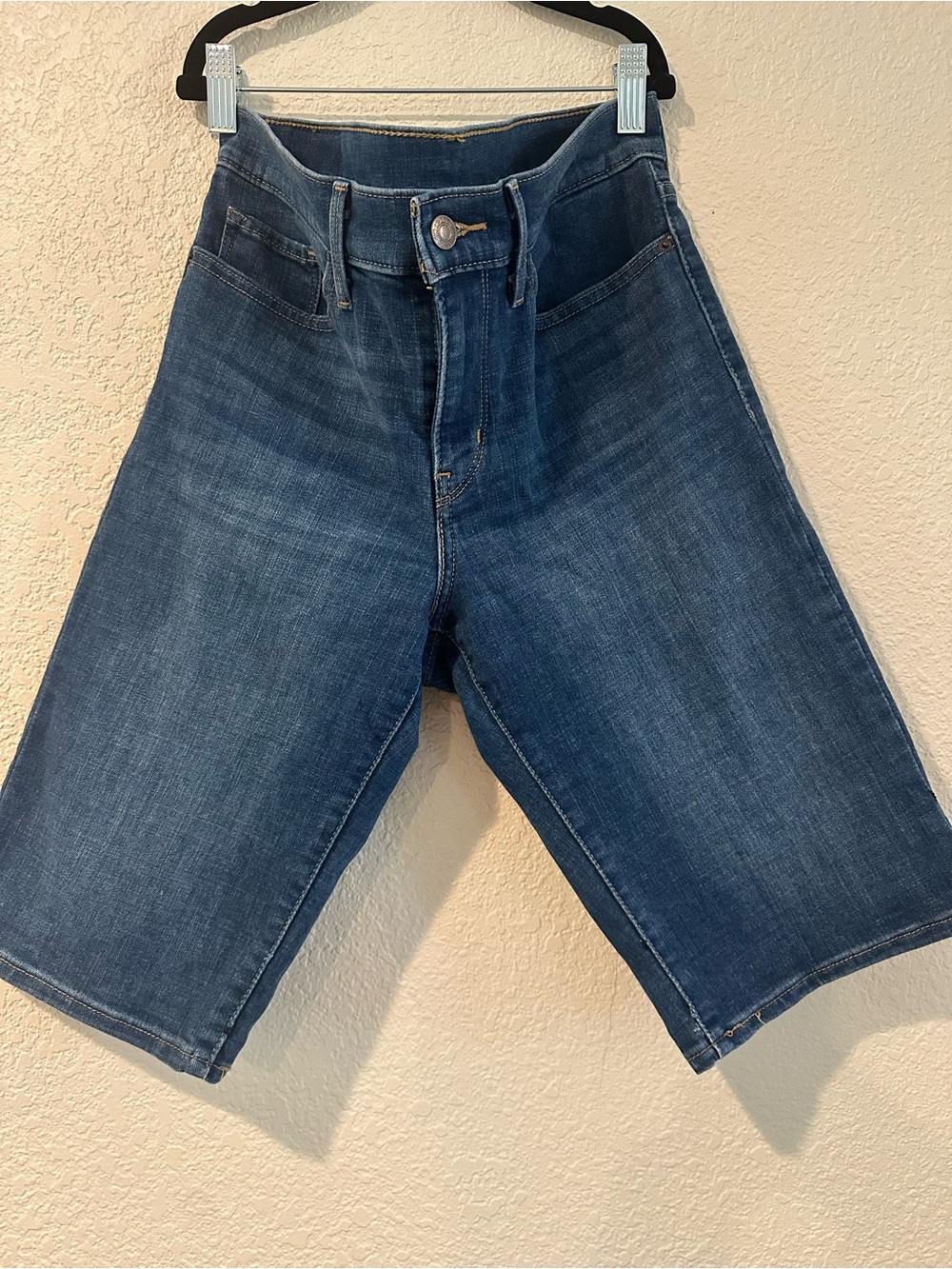 High-Waist Dark Blue Denim Bermuda Shorts